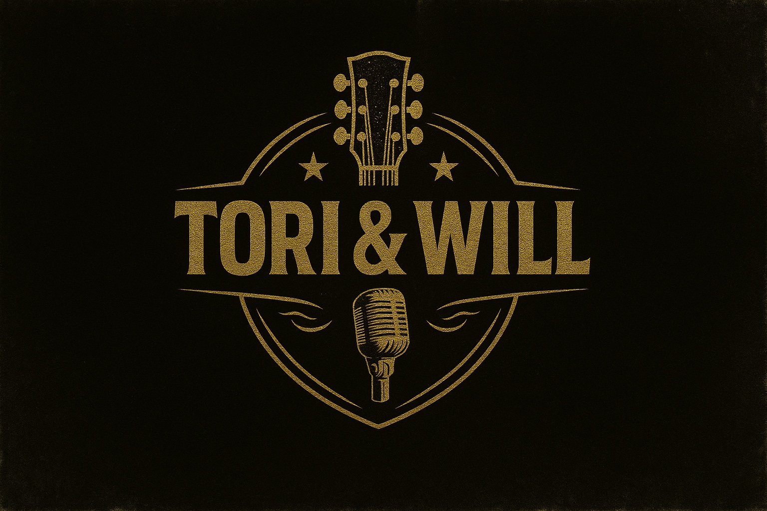 Tori & Will gold logo with a guitar and vintage microphone